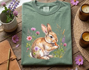 Konijntje, wilde bloemen T-shirt, schattig bloemen- en dieren T-shirt, cottage tuin T-shirt, gepersonaliseerd cadeau voor mama, juf, verpleegster, zus, oma, vriendin
