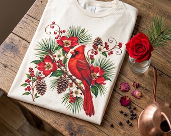 T-shirt met bloemenprint en kardinaalmotief, winterse botanische print, gepersonaliseerd cadeau voor moeder, lerares, verpleegster, vrouw, zus, oma, beste vriendin.