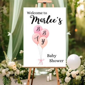 Coquette Pink Bow Baby Shower Cartel de bienvenida editable y carteles de decoración de fiesta descargables