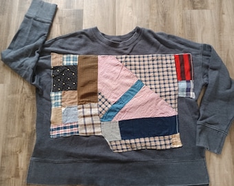 Quilt scrap sweatshirt, upcycled quilt sweatshirt, 1930's quilt sweatshirt