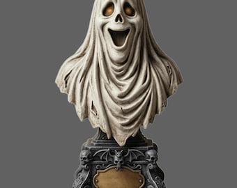 May include: A ghost bust sculpture featuring a draped white sheet over a skeletal form with glowing orange eyes and an open mouth. The figure rests on a dark, ornate pedestal base decorated with small skulls, bat wings, and a blank plaque.