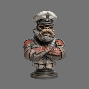 May include: A detailed bust of a gorilla-like figure in a military uniform and hat. The hat reads "REX". The figure has crossed arms and a stern expression. The color palette includes shades of gray, red, and white.