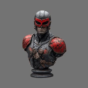 May include: A detailed bust of a male figure in a futuristic helmet with red eye protection. The figure wears a black and red armored suit with shoulder pads. The bust is mounted on a circular base.