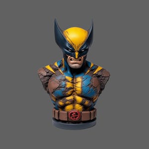 May include: A Wolverine bust statue featuring a yellow and blue mask and costume. The statue has a brown belt with a red emblem and a gray base. The figure has an angry expression.