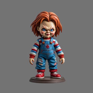 Könnte beinhalten: Chucky-Puppe auf braunem Sockel. Die Puppe hat rotes Haar, blaue Augen und ein finsteres Grinsen. Sie trägt ein gestreiftes Langarmshirt, eine blaue Jeans-Latzhose und rote Turnschuhe. Das Design ist detailliert und realistisch.