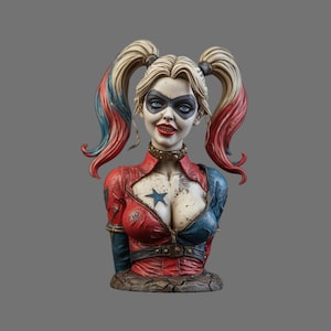 May include: A bust of a female character with blonde pigtails, wearing a red and blue costume with a star emblem. She has a black mask, red lipstick, and a choker. The figure is on a textured base.