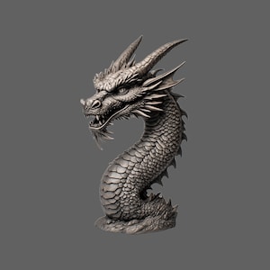 May include: A detailed, silver-colored dragon sculpture. The dragon has horns, sharp teeth, and scales. The sculpture is posed with its head and neck curved, and it is set against a gray background.