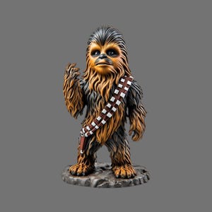 May include: A detailed figurine of a Wookiee character covered in long, shaggy brown and black fur. The figure stands on a textured gray base and wears a brown leather-like bandolier featuring a repeating pattern of white rectangular squares.