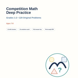 Puede incluir: Un documento blanco titulado Competition Math Deep Practice para los grados 1-2, con 120 problemas originales para edades de 7-8 años. Incluye 12 grupos de habilidades, 10 variaciones cada uno, una clave de respuestas y un PDF listo para imprimir.