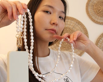 Crossbody Phone Strap / Phone Chain / Mobile Lanyard - White Pearls