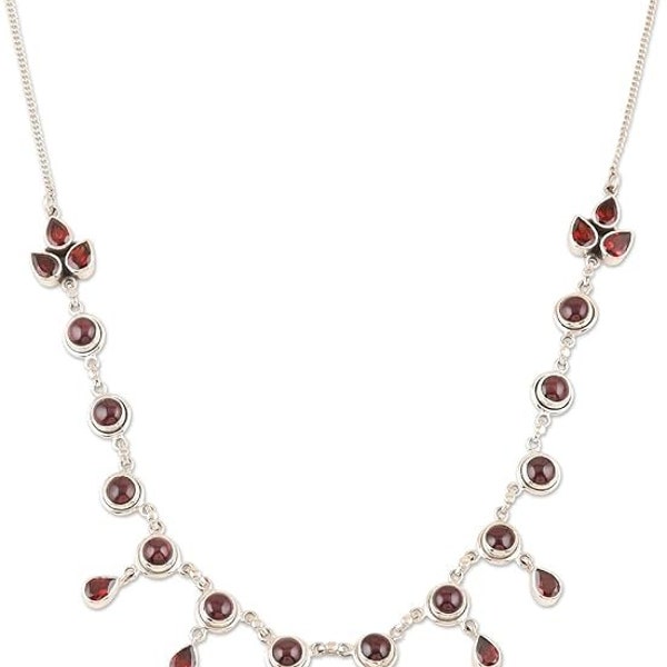 Aheli Handmade Garnet Pendant Necklace .925 Sterling Silver Indian Style Waterfall Birthstone 'Cascading Color'