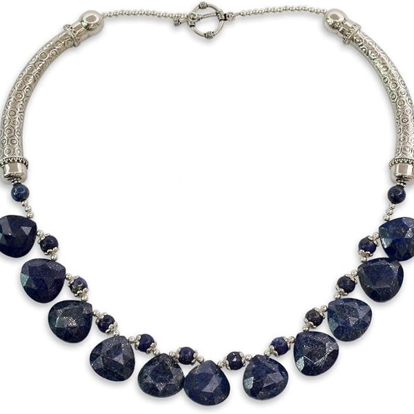 Aheli Artisan Handmade Lapis Lazuli Waterfall Necklace on .925 Sterling Silver Indian Jewelry Blue Beaded Royal Classic