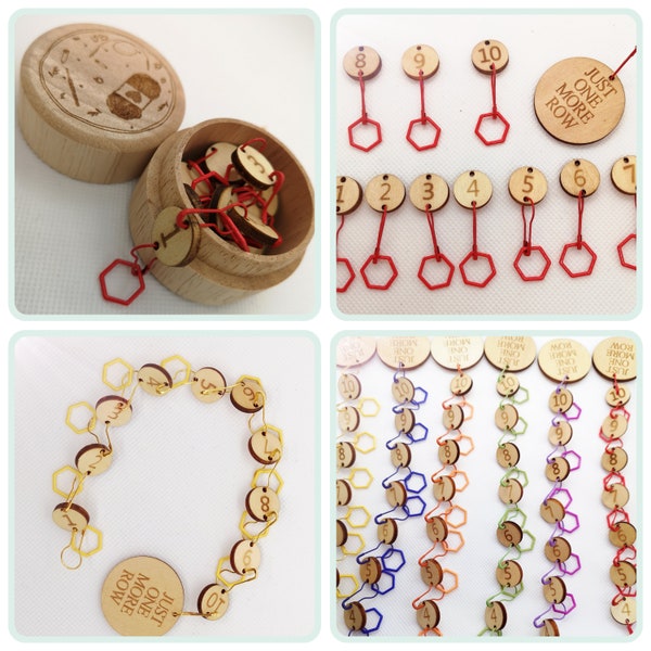 Row counter chain made of wood, numbers 1 - 10, can be used as a chain or numbered stitch markers, in wooden box, counting chain, round counter