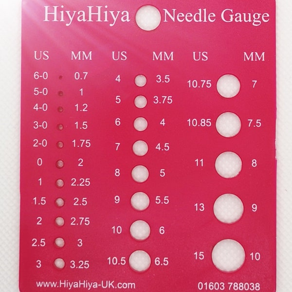 Hiya Hiya Nadelmaß, Needlegauge, mm und US Größen, mit cm und inch Maß, Strickzubehör, Needle Gauge