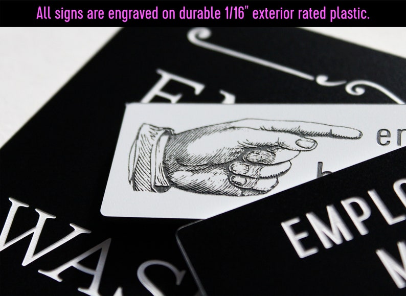 May include: Black and white sign with the text "EMPLO" and a pointing hand graphic. The sign is made of durable 1/16 inch exterior rated plastic.
