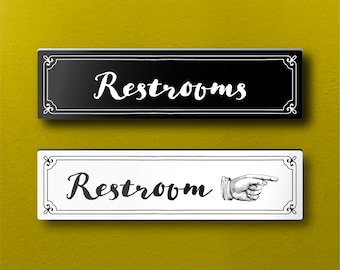 RESTROOM/S SIGN with Pointing Hand Arrow - 9x2.25”. Lightweight and easy to install, modern designs, made to order.