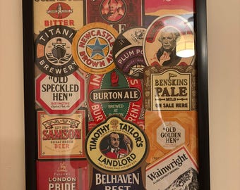 Handmade beer coaster wall art | Collection of modern and vintage brands | A3 (40x30cm)