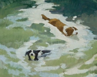 Mountain Swim, Border Collies- reproduction of original oil by Nicole Strasburg