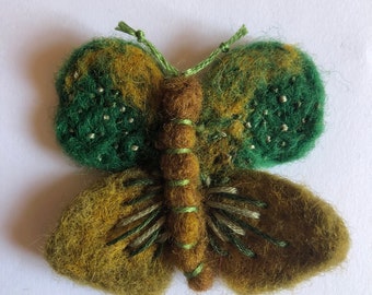 Needle Felted colourful butterfly insect brooch pin badge green khaki embroidered