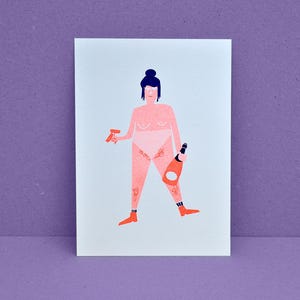 Postkarte – Neonorange – Champagner Lady *neu* . DIN A6 . Illustration . Neonfarben