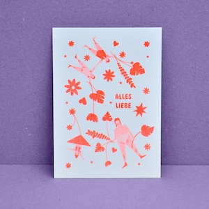 Postkarte – Alles Liebe – Neonorange – Weihnachtskarte. DIN A6 . Risoprint