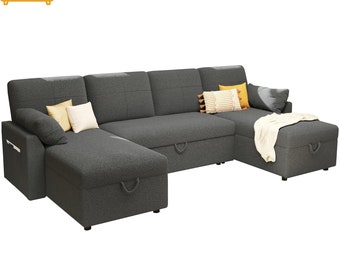 Pull-out bed, sectional sleeper sofa with double storage chaise for living room.