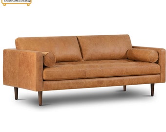 Brown Leather Couch: Full Grain Camel Leather Couch with Bolsters; Feather-Down on Seating Surface