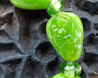 Handmade bead set lampwork beads boho bohemian jewelry spring summer flower beads necklace Lime green bracelet glass beads