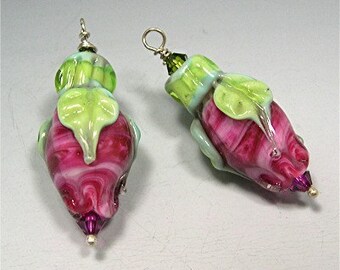 Handmade Lampwork beads pair of roses Donna Millard ready to use earrings