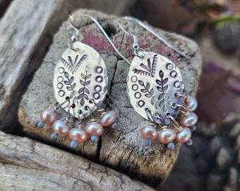 Sterling silver stamped earrings boho bohemian jewelry fashion pearls garden flowers floral gardening rose valentines day