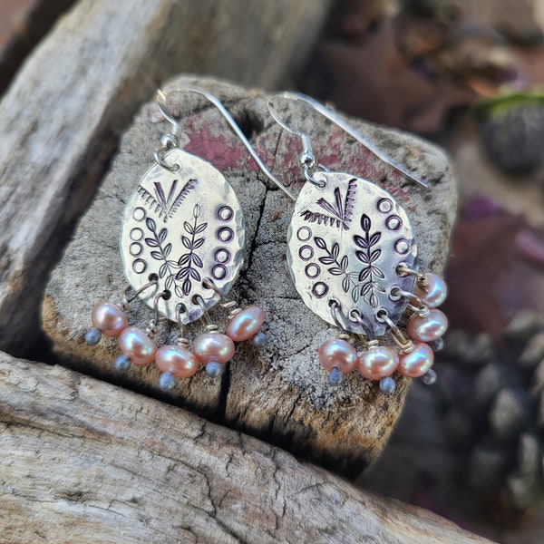 Sterling silver stamped earrings boho bohemian jewelry fashion pearls garden flowers floral gardening rose valentines day