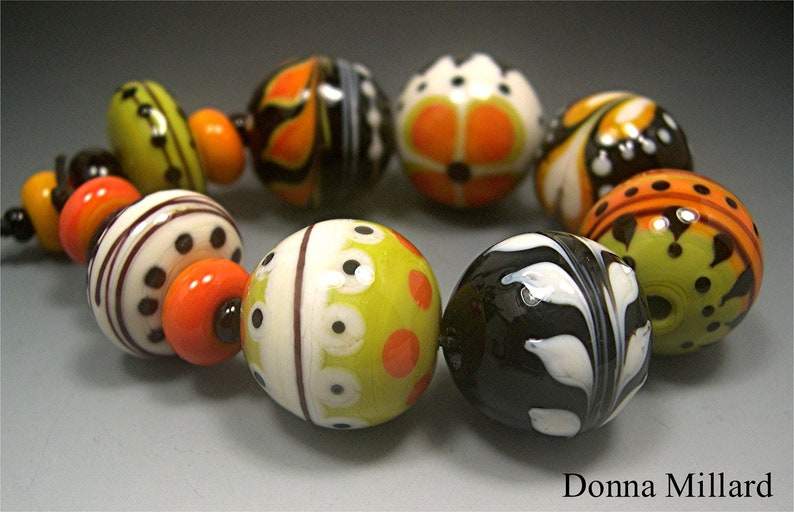 HANDMADE LAMPWORK Glass Beads SET Donna Millard sra lamp work orange green black halloween raven witch hippie boho gypsy image 3