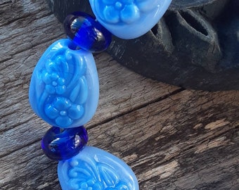 Handmade bead set lampwork beads boho bohemian jewelry spring summer flower beads necklace blue bracelet glass beads