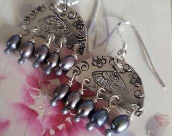 Sterling silver death head moth earrings boho bohemian jewelry fashion butterfly pearls butterflies valentines day