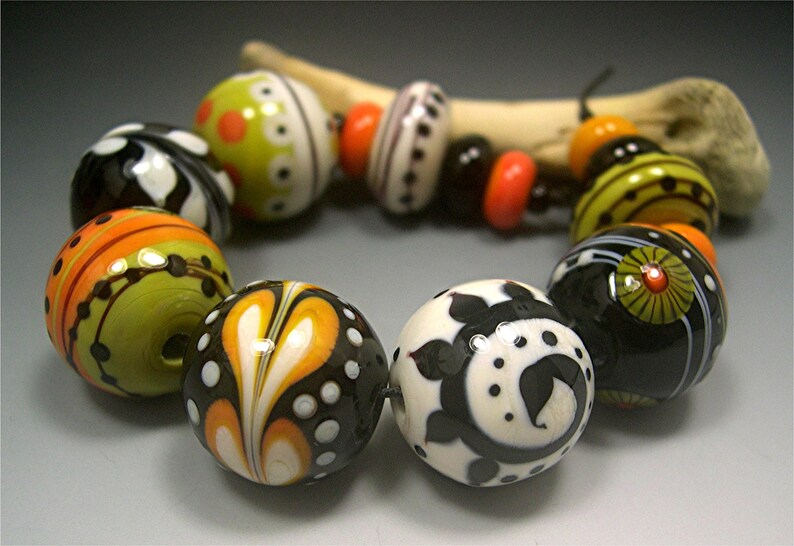 HANDMADE LAMPWORK Glass Beads SET Donna Millard sra lamp work orange green black halloween raven witch hippie boho gypsy image 1