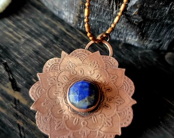 Copper mandala pendant necklace Lapis handmade jewelry bohemian boho gift for her mothers day girlfriend sister