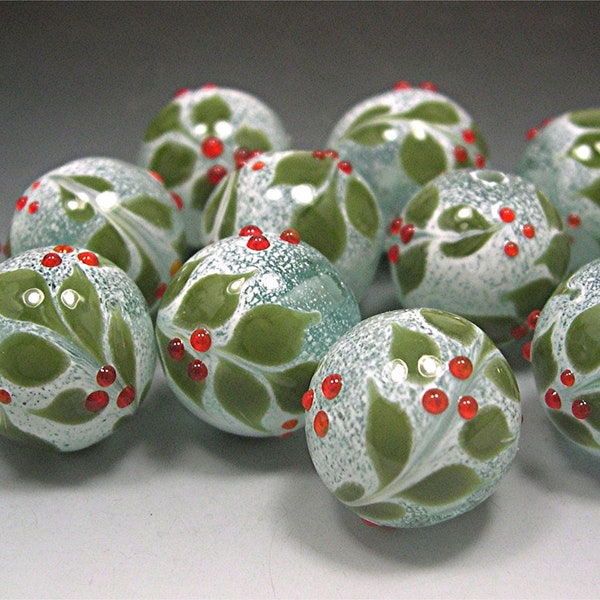 Handmade LAMPWORK HOLLY Glass Beads DONNA Millard sra holly christmas beads berries supplies lamp work winter snow ice