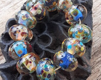 Handmade LAMPWORK Glass Beads earthy organic silver glass blues multi colors 12 beads