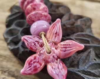 Handmade LAMPWORK Glass Bead Set pink rose dogwood flower floral beads DONNA MILLARD supplies lamp work