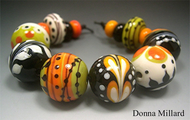 HANDMADE LAMPWORK Glass Beads SET Donna Millard sra lamp work orange green black halloween raven witch hippie boho gypsy image 2