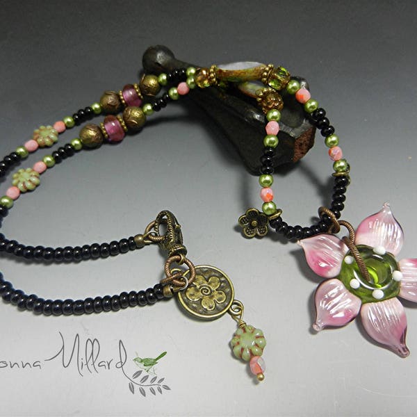 Lampwork beads lampwork necklace vintage brass spring necklace donna millard pink rose green mothers day mom gift for her czech beads