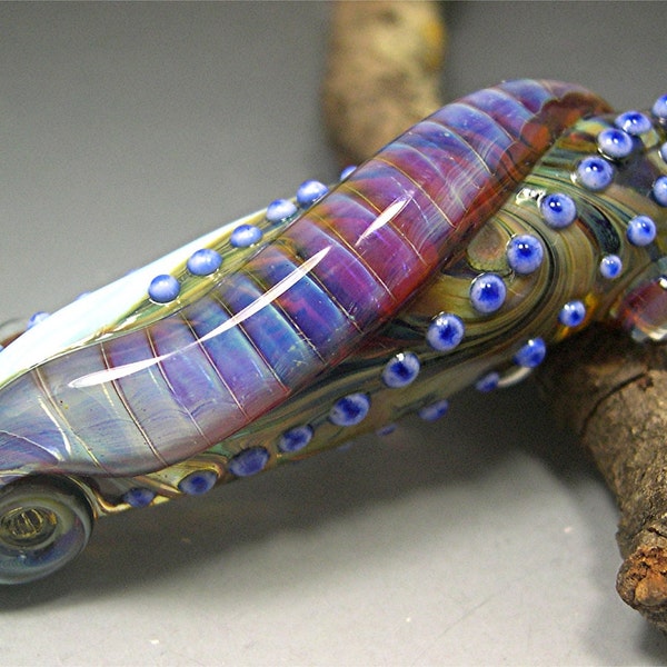 HANDMADE LAMPWORK Glass FOCAL Bead Donna Millard Cocoon raku silver glass blue purple