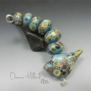 Artisan Lampwork Beads Handmade Lampwork Glass Bead Set DONNA MILLARD blue bird folk art turquoise brown black spring boho image 1