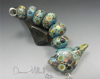 Artisan Lampwork Beads Handmade Lampwork Glass Bead Set DONNA MILLARD blue bird folk art turquoise brown black spring boho