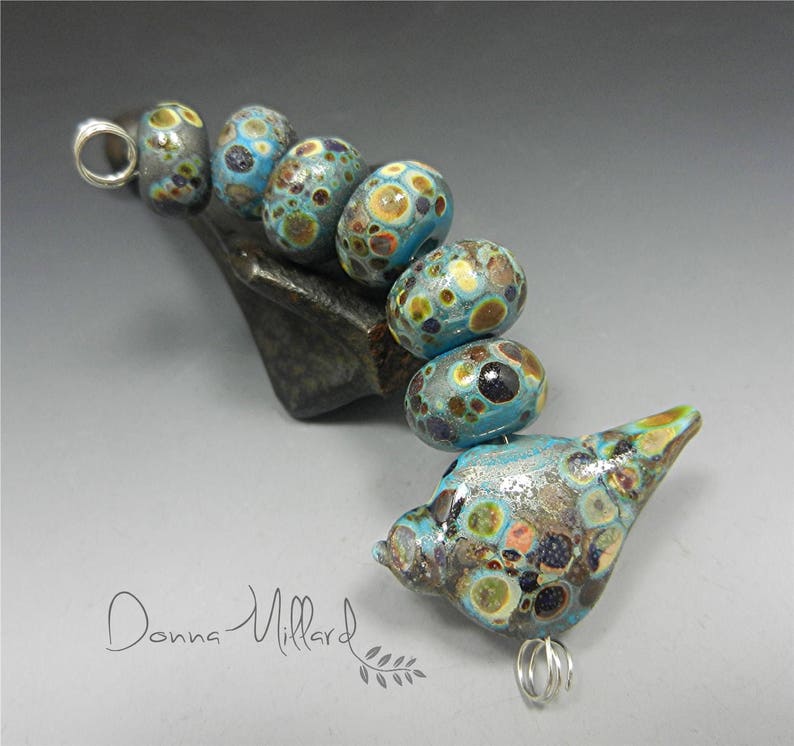 Artisan Lampwork Beads Handmade Lampwork Glass Bead Set DONNA MILLARD blue bird folk art turquoise brown black spring boho image 1