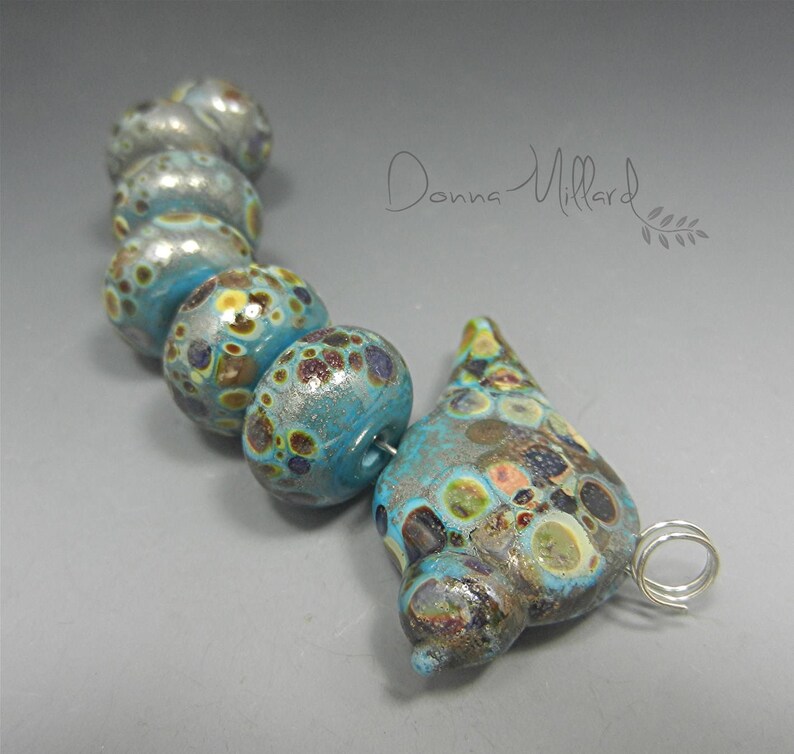 Artisan Lampwork Beads Handmade Lampwork Glass Bead Set DONNA MILLARD blue bird folk art turquoise brown black spring boho image 4