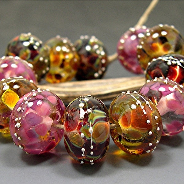 HANDMADE LAMPWORK Beads Set of 12 Donna Millard summer fall autumn pink rose gold Roza