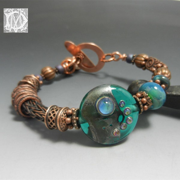 Bohemian jewelry bracelet Viking Knit Jewelry Copper Bracelet Artisan Lampwork handmade bangle Donna Millard gift her
