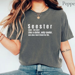 以下が含まれることがあります： 「Seester」という言葉が「妹のような存在、でももっとクール」と定義されたグレーのTシャツ。テキストは白で、シャツは人が着用しています。