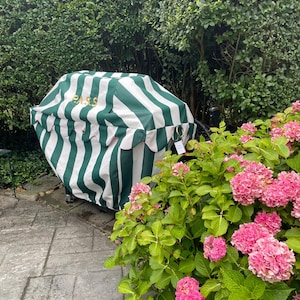 May include: A green and white striped cover with the word "PASS" on top. The cover is over an object, possibly a grill or cart, and is surrounded by green foliage and pink flowers.